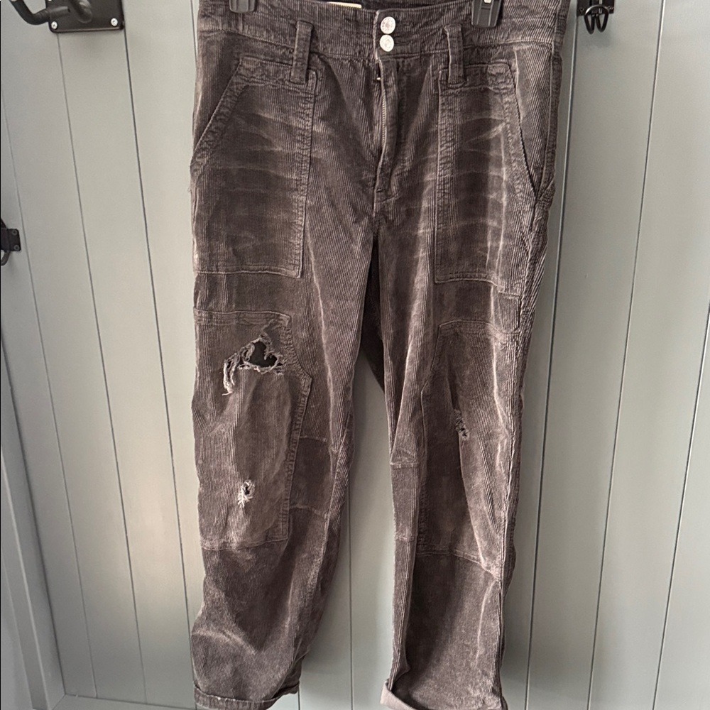 Women’s Charcoal Grey   Casual Distressed Corduroy Pants